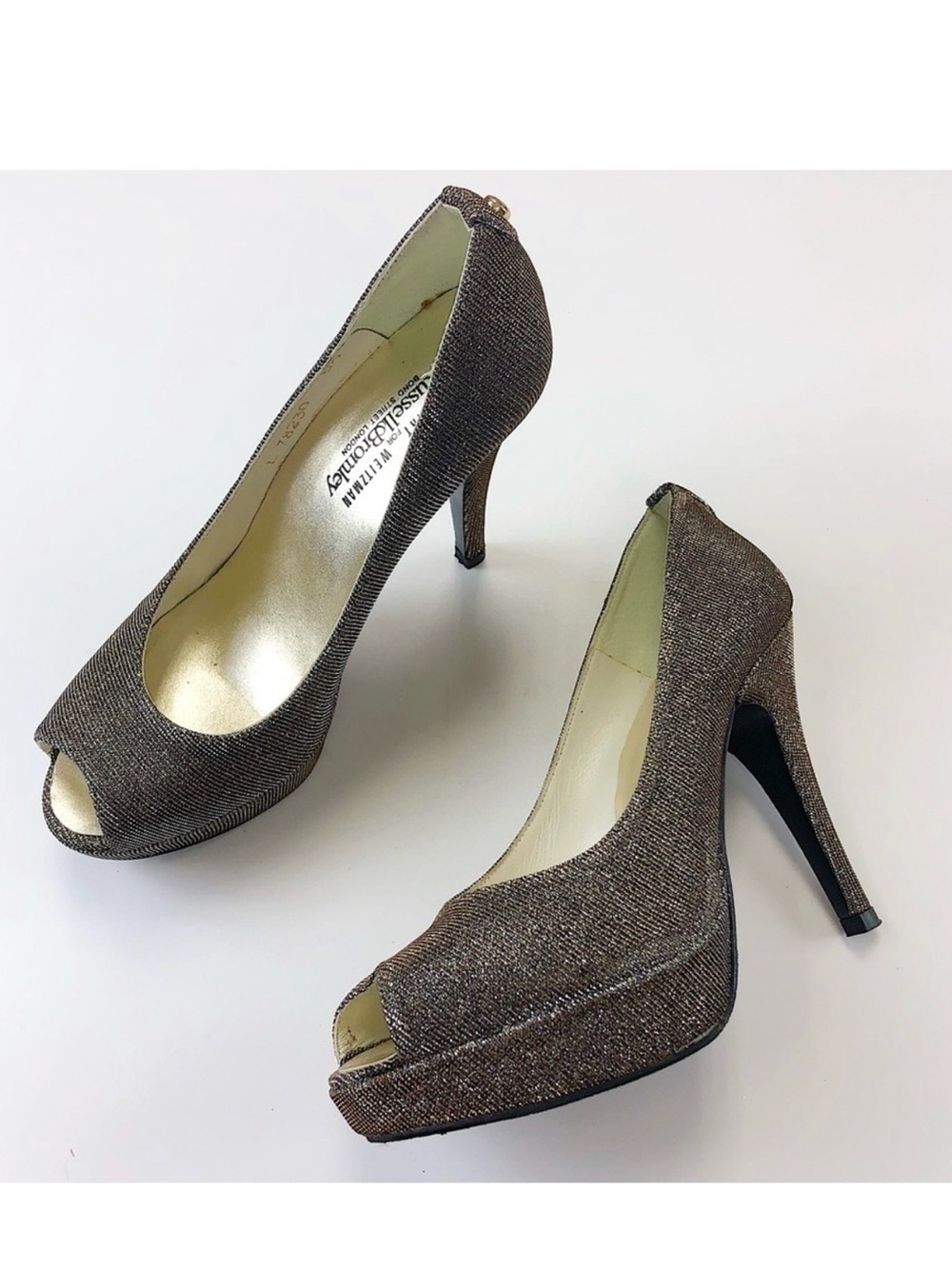 𝅺STUART Weitzman metallic sparkle platform pumps Size 5.5 Party Peeptoe Wedding